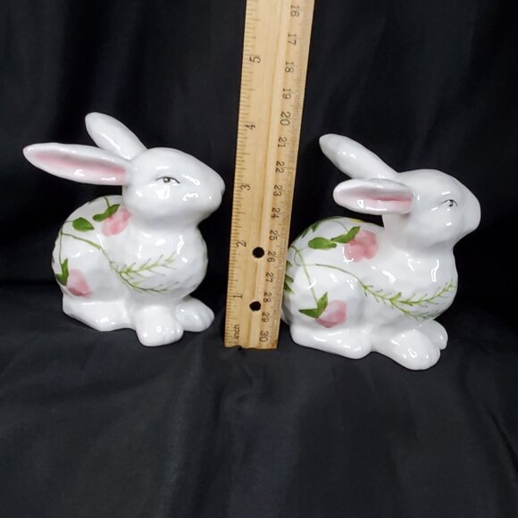 Ceramic Bunny Rabbit Figurines Spring Floral Design Decor Set Of 2 - Picture 5 of 10